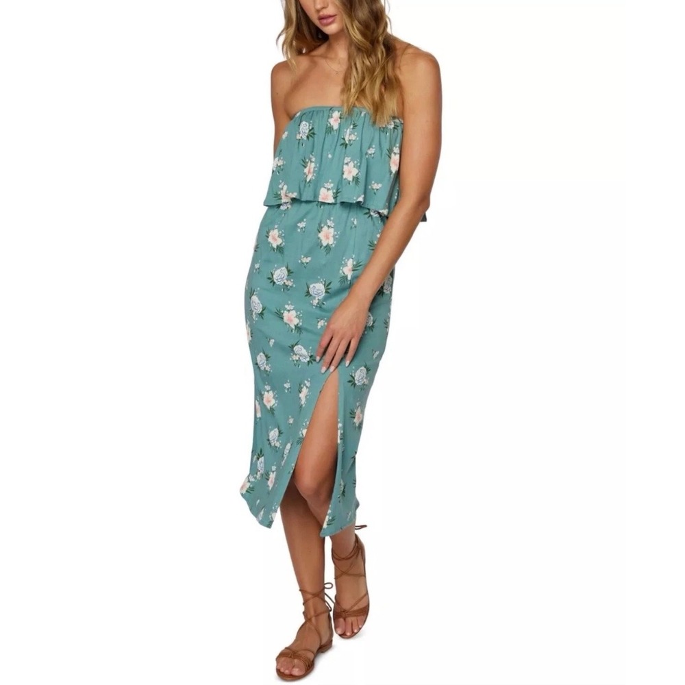 O'Neill Women's Teal Kole Midi Dress Size Large Floral Print Strapless Side Slit